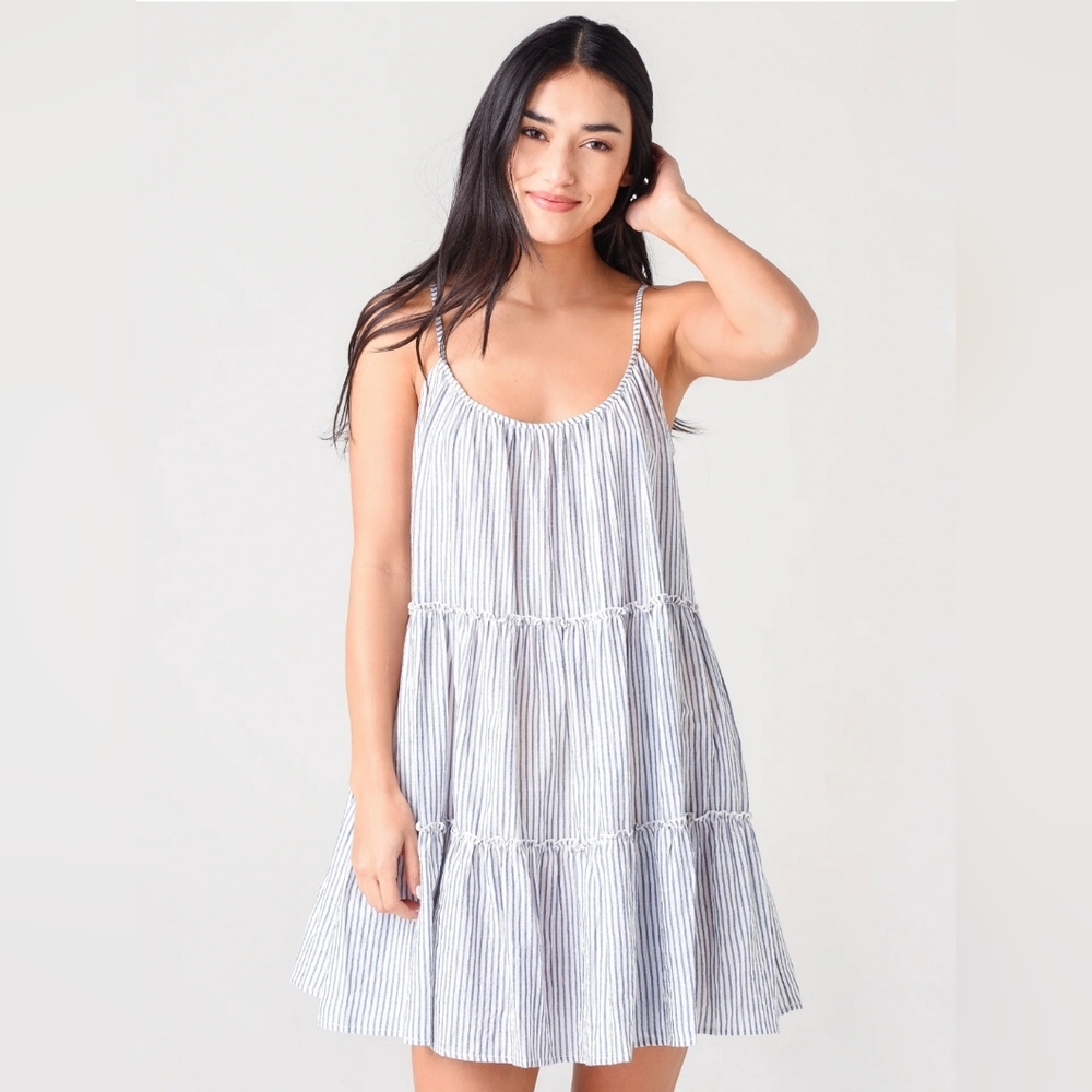 Eberjey Tiered White Blue Cloud Linen Coverup Dress EUC! Medium